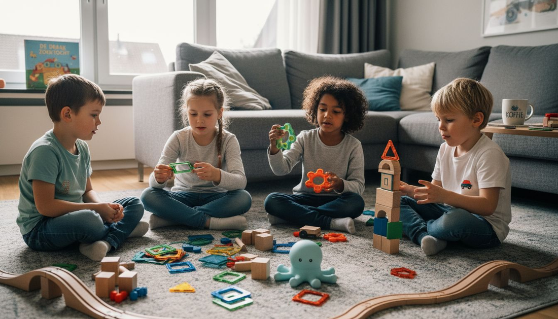 Kinderen die samen creatief bouwen met magnetische blokken en houten speelgoed