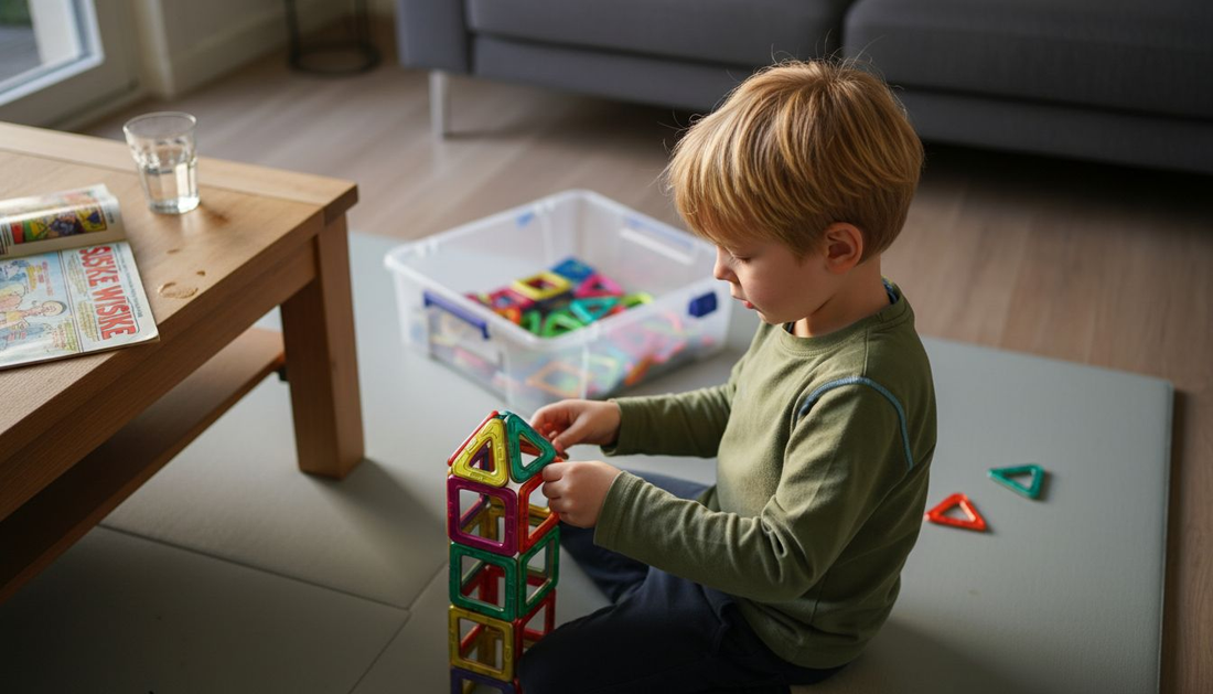 Een kind zit op de grond en bouwt vrolijk met magnetisch speelgoed.