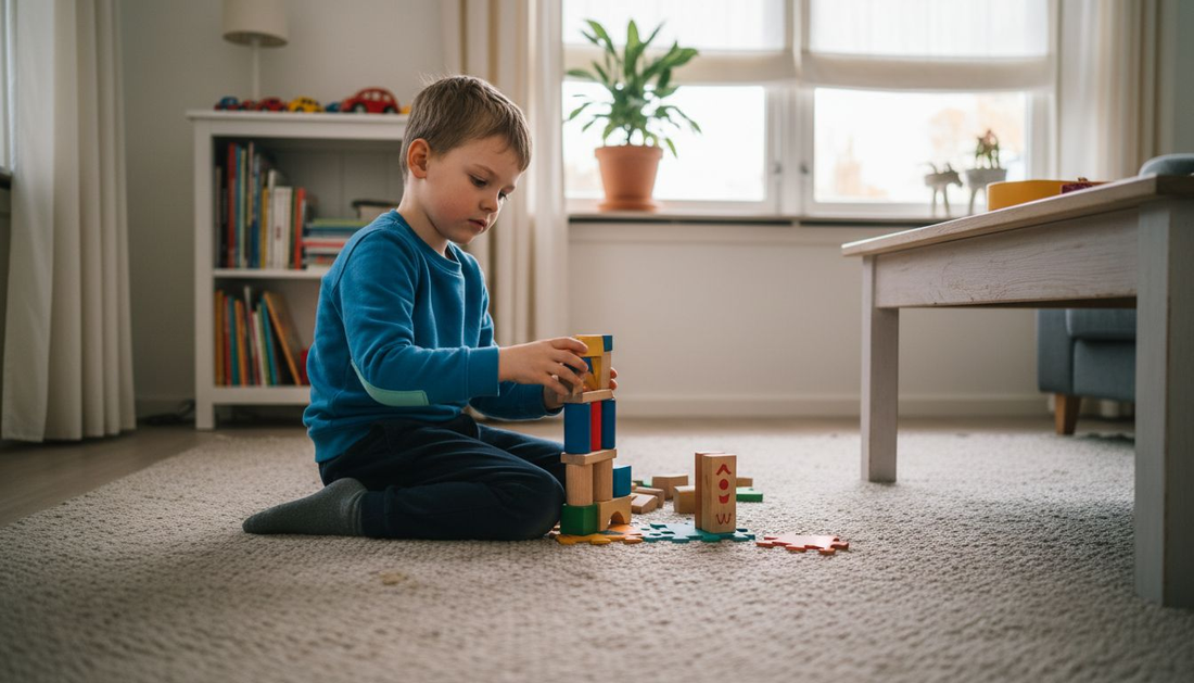 Een jongen is druk bezig een hoge toren te bouwen met educatief speelgoed.