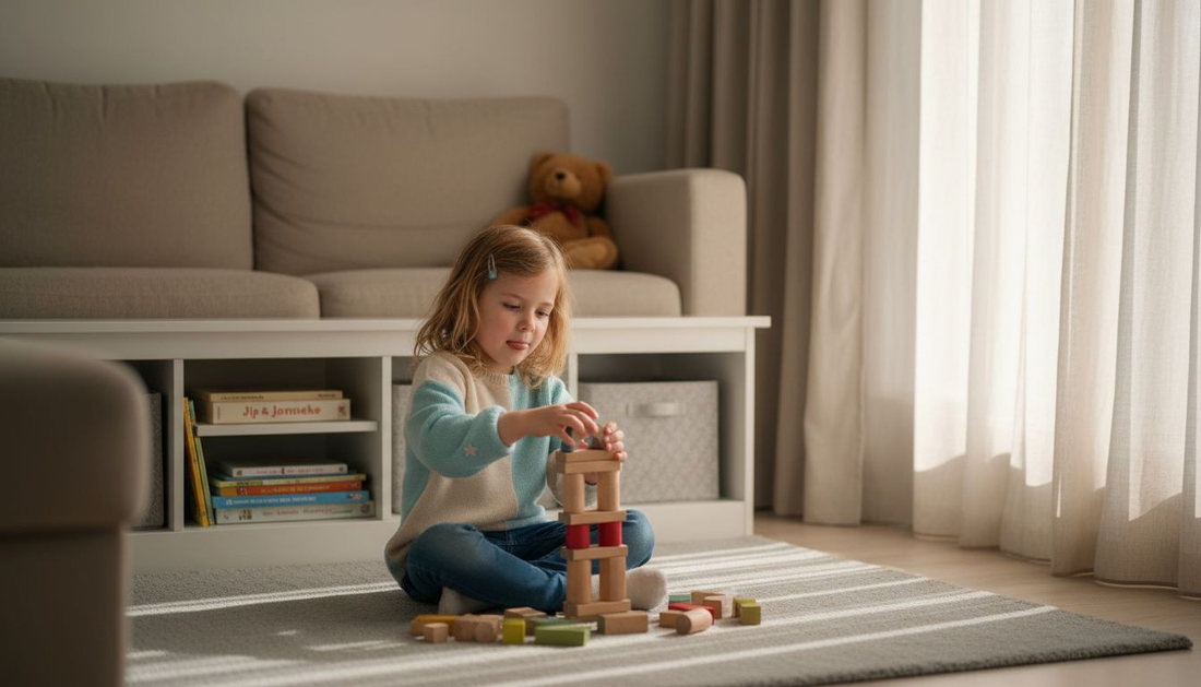 Een kind stapelt houten blokken tot een toren.